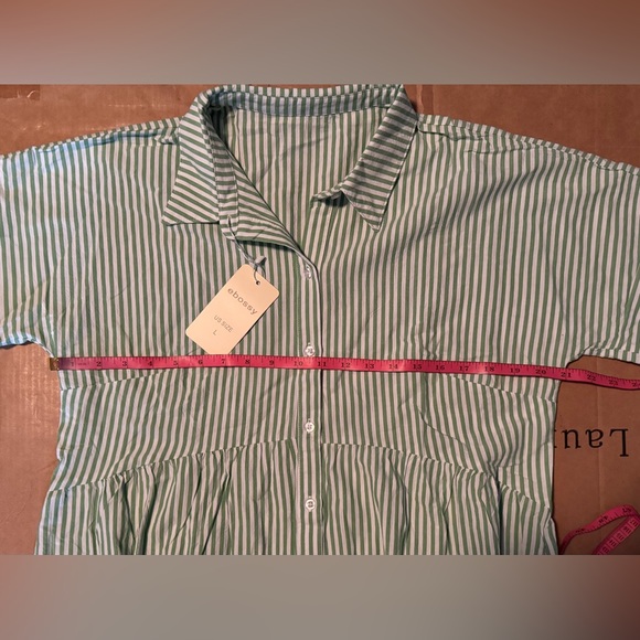 ebossy Boho Striped Button Up Side Slit Mid Long Cotton Shirt Dress with Pockets - Picture 11 of 16